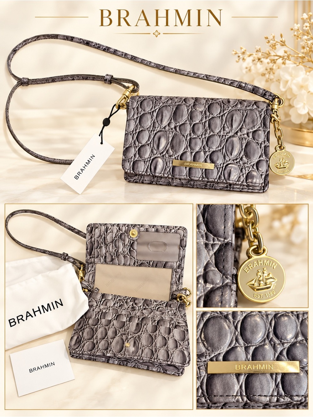 NWT Brahmin Gray Croc-Embossed Crossbody Card Holder with Gold Hardware